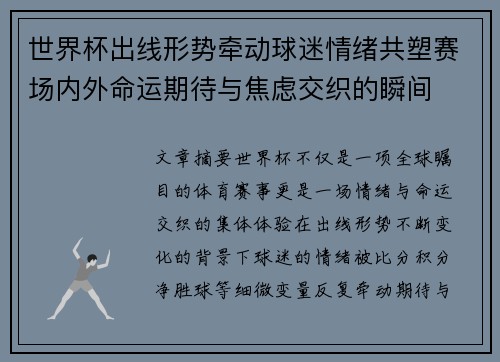 世界杯出线形势牵动球迷情绪共塑赛场内外命运期待与焦虑交织的瞬间